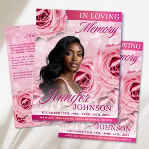8 Page Pink Roses Funeral Program, 17" X 11" Obituary Program Template Women, Memorial Program, Celebration Of Life Program In Loving Memory
