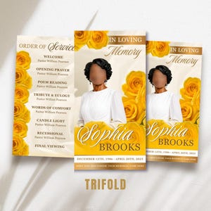 Yellow Roses Funeral Program: Trifold Memorial Template (17x11 Canva Template)
