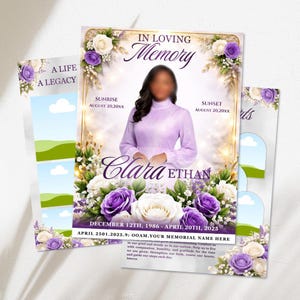 Può includere: Un biglietto commemorativo con la scritta "In Loving Memory" e i nomi "Clara" e "Ethan". Il biglietto presenta una foto di una persona in un abito color lavanda, circondata da rose bianche e viola. Il biglietto include anche le date "12 dicembre 1986 - 20 aprile 2025".