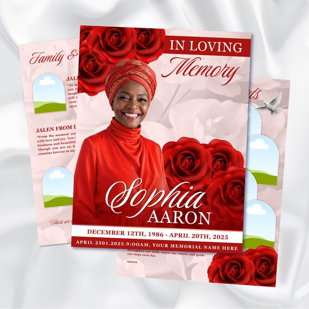 Red Roses Funeral Program Template: Gold Obituary Booklet (canva, 17x11 ...