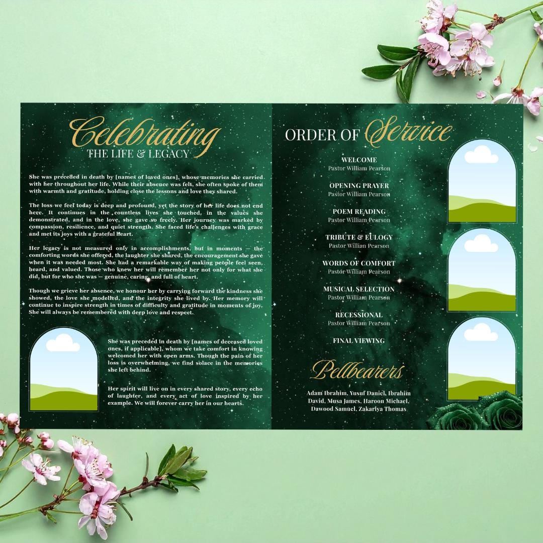 Green & Gold Roses Funeral Program Template: 8-page Memorial (canva ...
