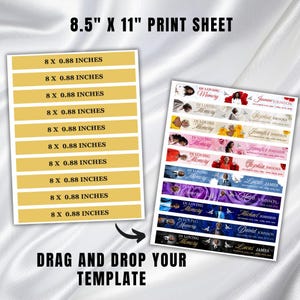 Puede incluir: Una hoja de impresi&oacute;n con el texto "8.5" X 11" PRINT SHEET" y "8 X 0.88 INCHES". La hoja incluye una plantilla para etiquetas conmemorativas con el texto "IN LOVING MEMORY" y nombres como "Jasmine Johnson" y "Sophia Brooks". Tambi&eacute;n est&aacute; presente el texto "DRAG AND DROP YOUR TEMPLATE".