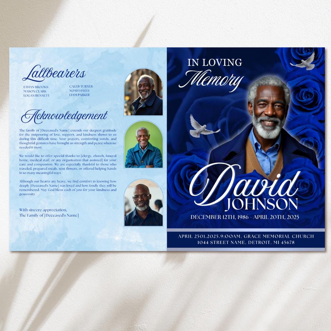 Royal Blue Roses Funeral Program Template, Memorial Obituary (canva ...