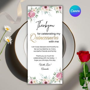 Floral Blush Quinceañera Thank You Note Seating Card Template (Digital Download)