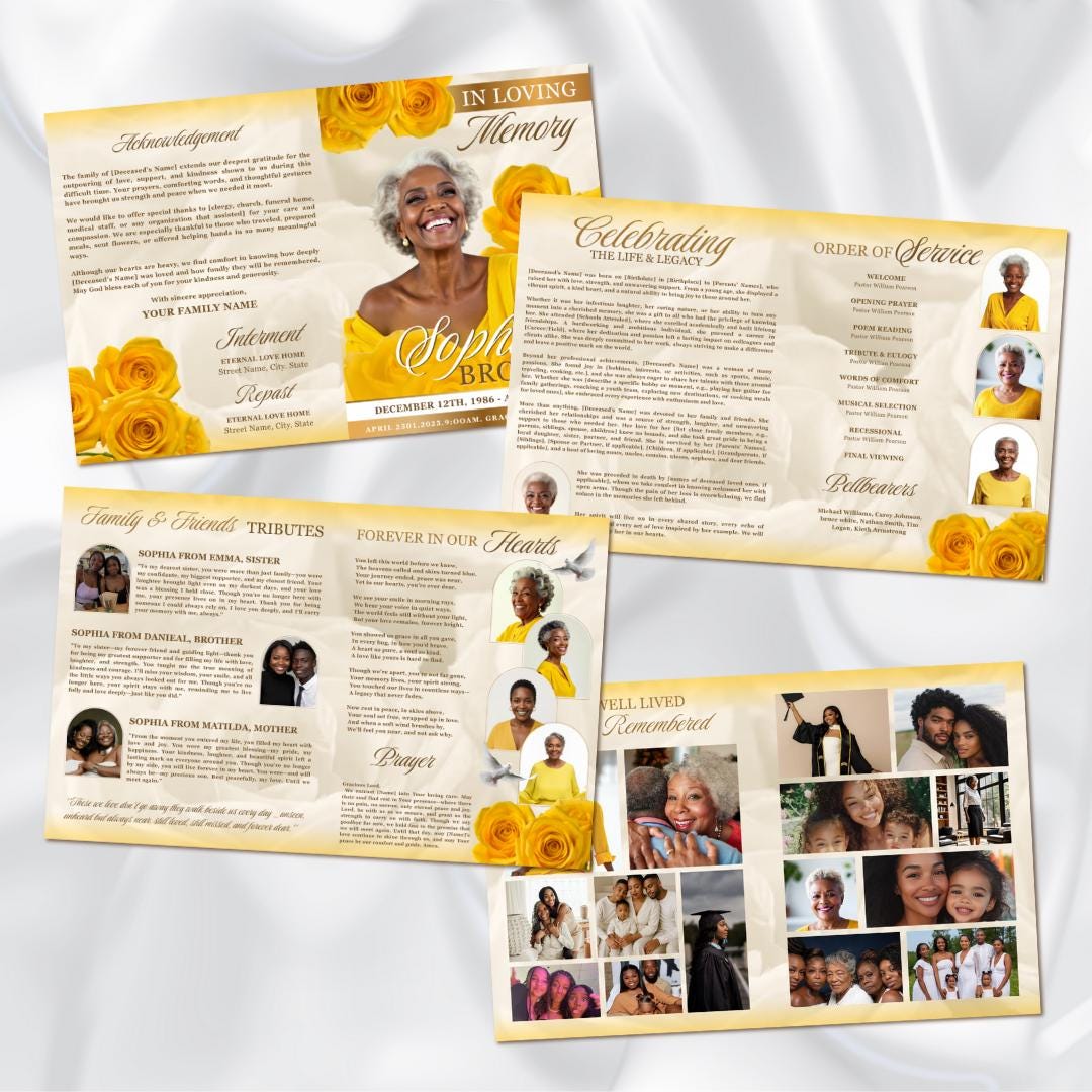 Yellow Roses Funeral Vector Yellow Roses Funeral Program Template: Gold Obituary Booklet (canva ...
