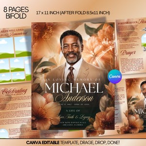May include: An 8-page bifold funeral program template measuring 17 x 11 inches unfolded and 8.5 x 11 inches folded. The design features a portrait of a man in a tan suit, orange floral accents, and text reading In Loving Memory of Michael Anderson.