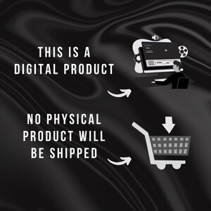 May include: Digital product announcement on a black and white background. Text reads "This is a digital product. No physical product will be shipped." Includes illustrations of a computer, a person, and a shopping cart.