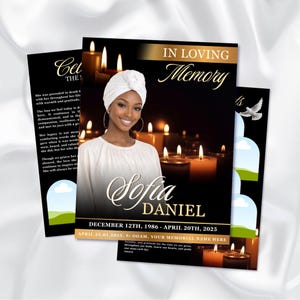 Könnte beinhalten: Gedenkkarten mit einem schwarz-goldenen Design, mit einem Foto einer Frau, Kerzen und dem Text "In Loving Memory". Die Karten enthalten den Namen "Sofia Daniel" und Daten.