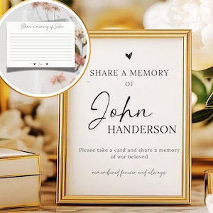 Puede incluir: Un letrero con marco dorado con el texto "SHARE A MEMORY OF John HANDERSON". Una pequeña tarjeta con el texto "Share a memory of John" está en la esquina superior izquierda. El letrero incluye la frase "Please take a card and share a memory of our beloved remembered forever and always."