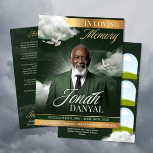Green & Gold Funeral Program Template: 8-Page Memorial (Canva, 17x11 Digital Download)