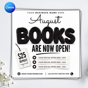 Folleto de reservas de agosto, plantilla de folleto de belleza de verano, editable en Canva para cabello, uñas, pestañas y maquillaje, reservas de agosto abiertas, texto personalizable, descarga instantánea