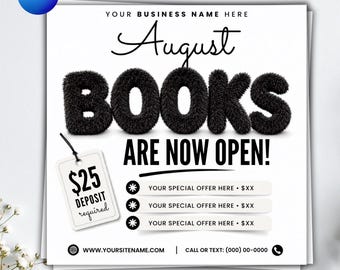 August Booking Flyer, Template Summer Beauty Flyer, Canva Editable Hair, Nails Lashes Makeup, August Books Open, DIY text, instant download