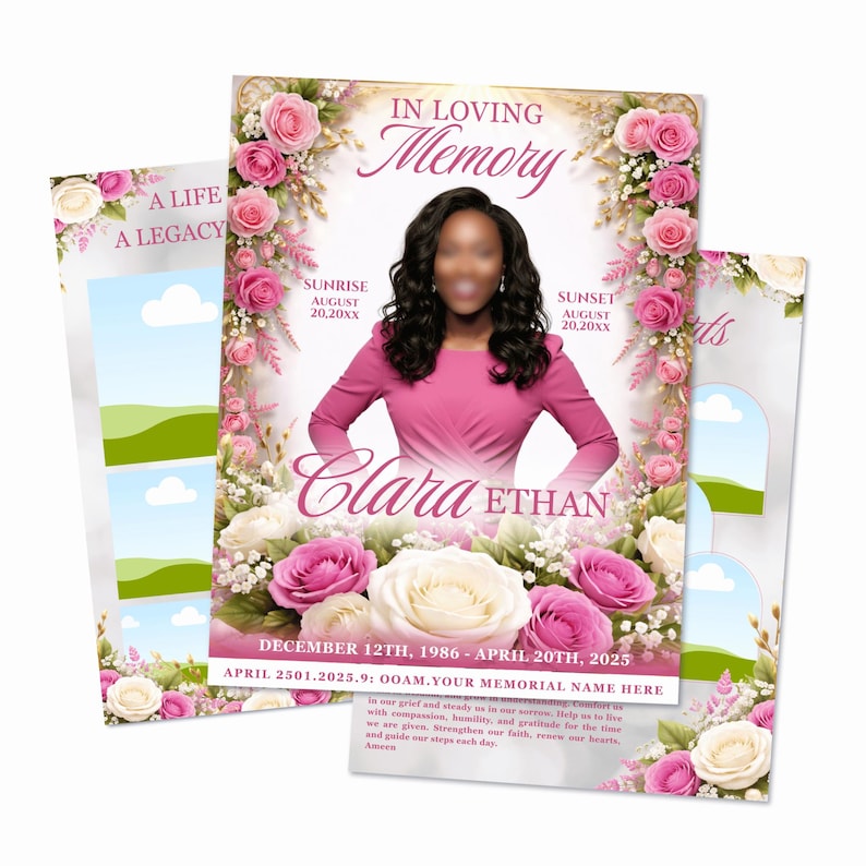 Peut inclure: Un mod&egrave;le de programme fun&eacute;raire avec le portrait d'une personne en robe rose, entour&eacute; de roses roses et blanches. Le texte inclut IN LOVING MEMORY, SUNRISE, SUNSET, Clara Ethan et des dates. Le design pr&eacute;sente des bordures florales et des espaces.