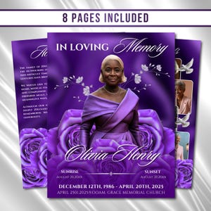 May include: A memorial announcement with a purple theme. The design features a portrait of a woman, floral accents, and the text "In Loving Memory." Additional text includes dates, times, and the phrase "8 Pages Included."