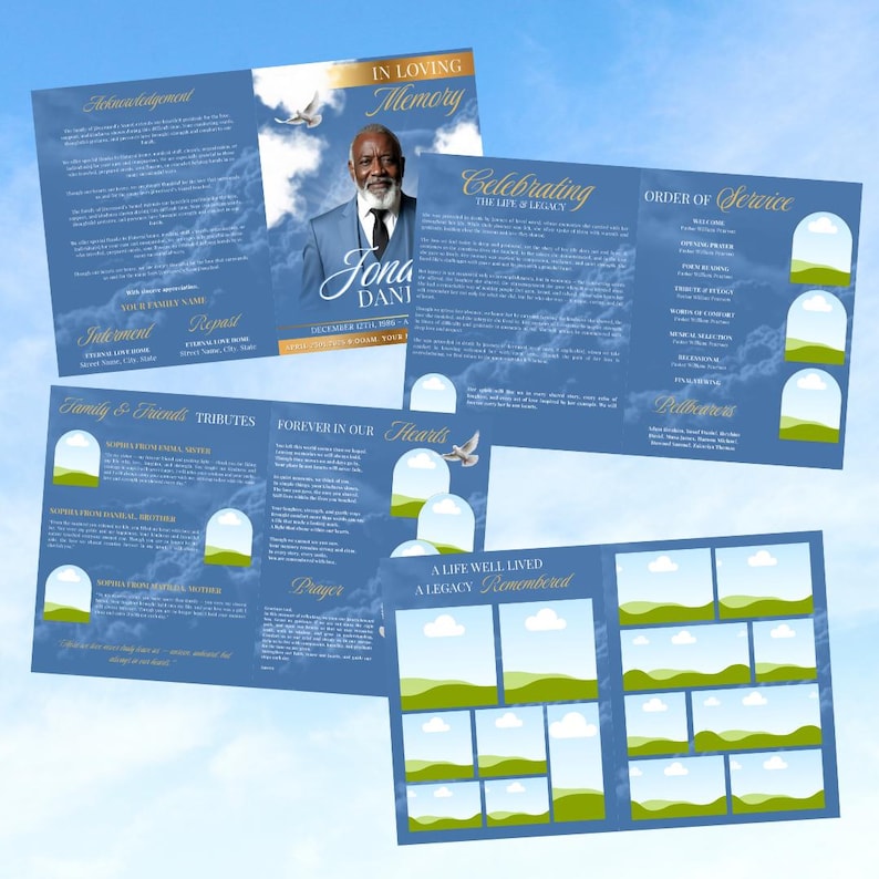 Blue & Gold Funeral Program Template: 8-Page Memorial (Canva, Digital Download) image 2