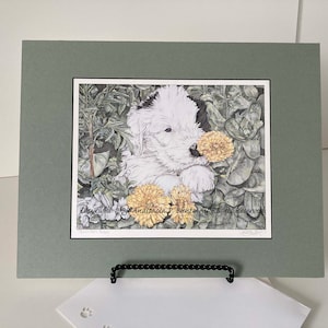 Old English Sheepdog Matted Fine Art Print-&quot;Flower Patch Puppy&quot;