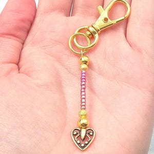 Handmade Pink Golden Heart Beaded Keychain/Keyring with Clasp