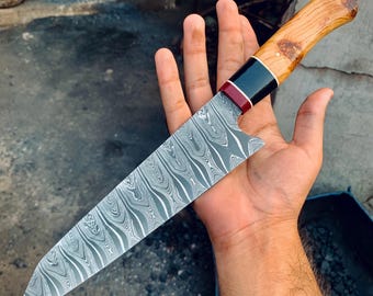 Hand Forged Damascus Steel MOSAIC PATTERN CHEF Knife with Olive Burl Handle, Damascus Chef Knives, Damascus Chef Set, Japanese Chef Knives