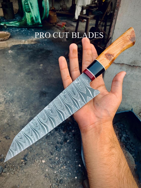 Hand Forged Damascus Steel MOSAIC PATTERN CHEF Knife with Olive Burl Handle, Damascus Chef Knives, Damascus Chef Set, Japanese Chef Knives