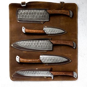 Hand Forged Damascus Steel KITCHEN Knife Set, Damascus Chef Set, Damascus Chef Knives ,BBQ Chef Set, Handmade Kitchen Knife Gift for Men USA