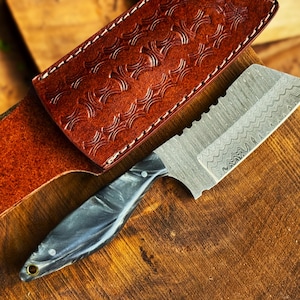 Handmade Damascus Steel Cowboy Knife with Leather Sheath