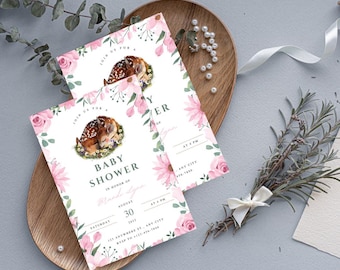 Pink Floral Deer Baby Shower Invitation – Editable Canva Template (Instant Download)