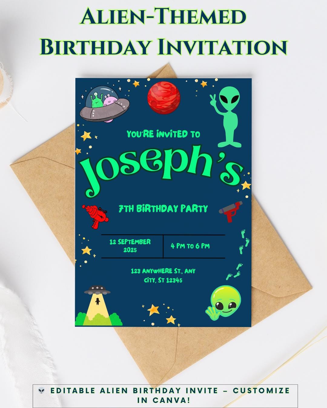 Alien Birthday Invitation Template – Kids Outer Space Party (canva ...