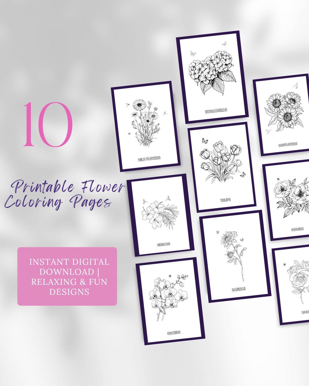 10 Printable Flower Coloring Pages for Adults | Digital Download PDF ...