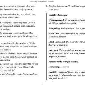 May include: A printed page titled Breaking Codependent Patterns featuring a numbered list from 1 to 7 with instructions for self-reflection, alongside a completed example section labeled 8 that outlines a scenario involving an unpaid electric bill.