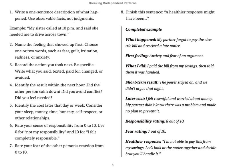 May include: A printed page titled Breaking Codependent Patterns featuring a numbered list from 1 to 7 with instructions for self-reflection, alongside a completed example section labeled 8 that outlines a scenario involving an unpaid electric bill.
