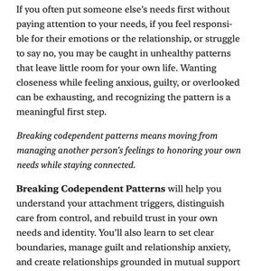 May include: A printed document titled Introduction, discussing Breaking Codependent Patterns. The text explains how to identify unhealthy relationship behaviors, set boundaries, manage guilt, and foster mutual support instead of over-responsibility.