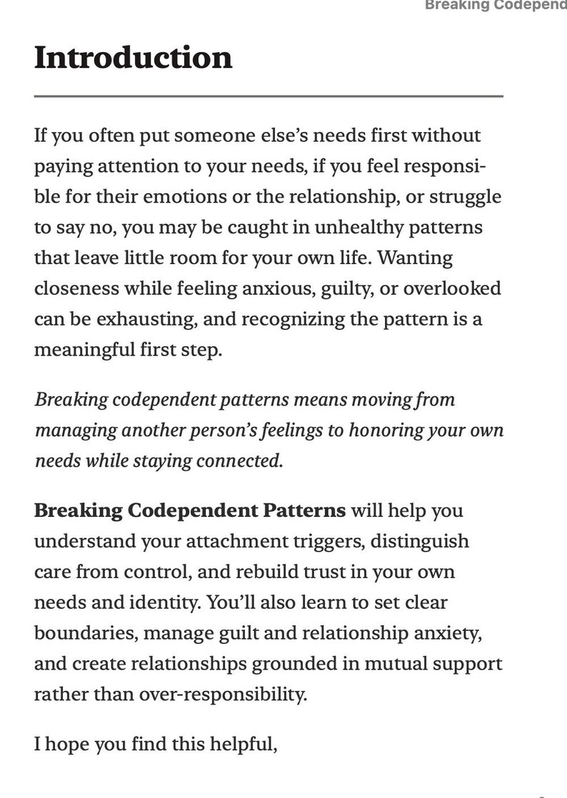 May include: A printed document titled Introduction, discussing Breaking Codependent Patterns. The text explains how to identify unhealthy relationship behaviors, set boundaries, manage guilt, and foster mutual support instead of over-responsibility.