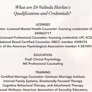 May include: A document titled What are Dr Valinda Harlan's Qualifications and Credentials? listing professional licenses, including LMHC #60862717 and LPC #C5003, education such as PsyD and MS, and training in marriage and family therapy.