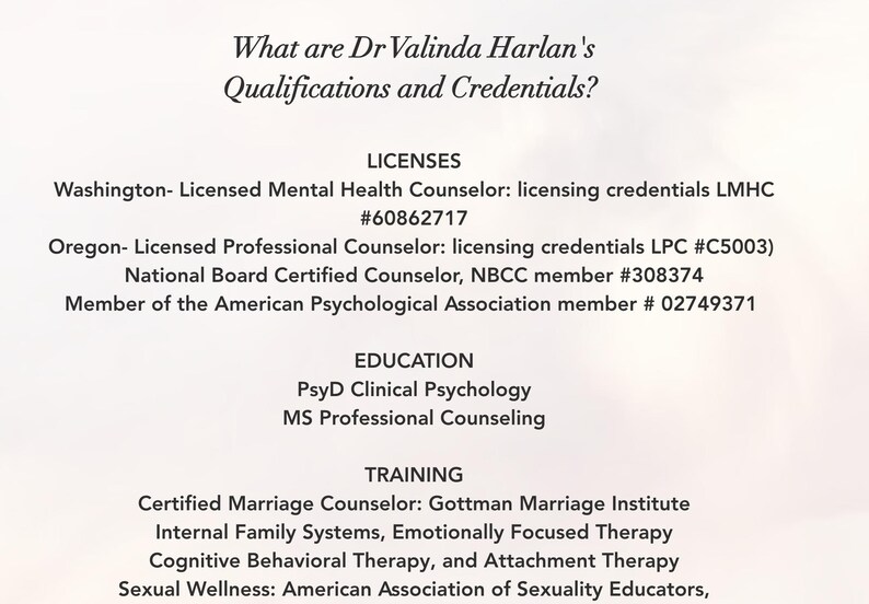 May include: A document titled What are Dr Valinda Harlan's Qualifications and Credentials? listing professional licenses, including LMHC #60862717 and LPC #C5003, education such as PsyD and MS, and training in marriage and family therapy.