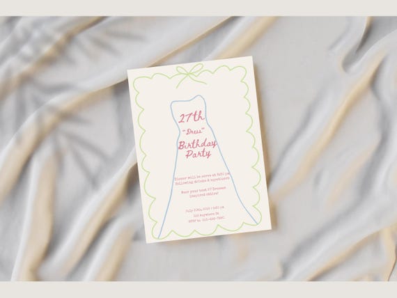 27 Dresses Birthday Invitation: Ribbon Bow Template (canva, Digital Download)