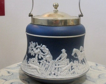 Blue and White Jasper Biscuit Jar, "The Kill" Hunt scene, 1900-1936, W. Adams, Tunstall England JC