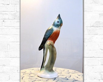 Bird Porcelain Figurine from Hungary 1930's colorful teal green orange brown