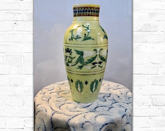 Vase Bohemian Glass Hand Painted Tall Enamel Yellow Blue Green White