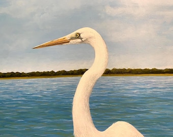 Egret Canvas Giclee Print - 11x14 Coastal Bird Art