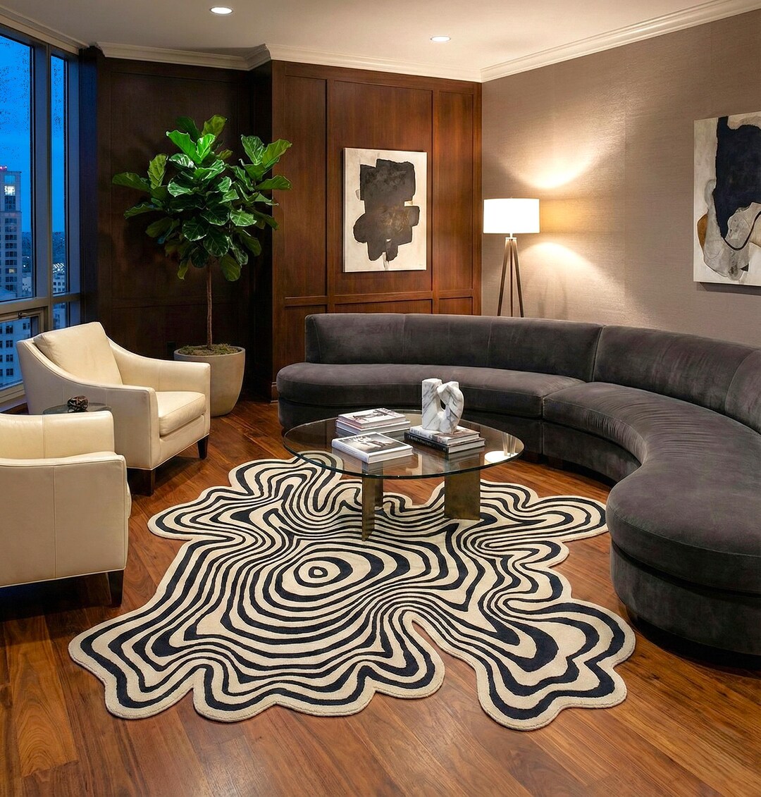 Black and Beige Contour Line Wool Rug | Bohemian Floor Decor - Etsy
