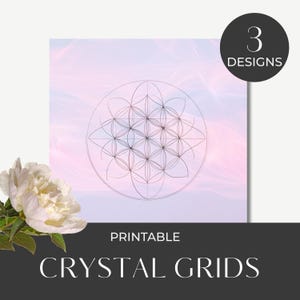 May include: Printable crystal grid design featuring a geometric pattern on a pink and purple watercolor background. The design is labeled "Printable Crystal Grids".