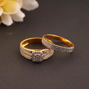 Bridal Ring Set, 14k Gold Ring Set, Cluster Stacking Ring Band Set, Moissanite Engagement Ring Set, Wedding Anniversary Ring, Gift For Her