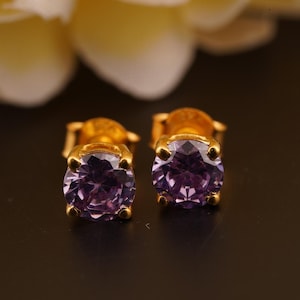 14k Gold Plated Amethyst Stud Earrings: Sterling Silver February Birthstone
