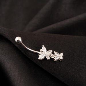 14k Gold Crystal Butterfly Belly Ring: Dainty Navel Piercing