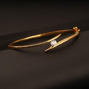 Dainty Solitaire Diamond Bangle Bracelet: 14k Gold Plated Sterling Silver