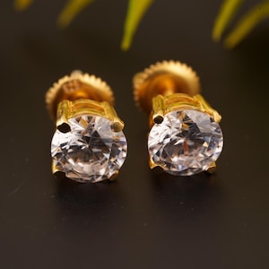 Round Cut Moissanite Stud Earrings, 14k Yellow Gold Plated Stud Earrings, Handmade Solitaire Stud Earrings For Women, Gift For Her