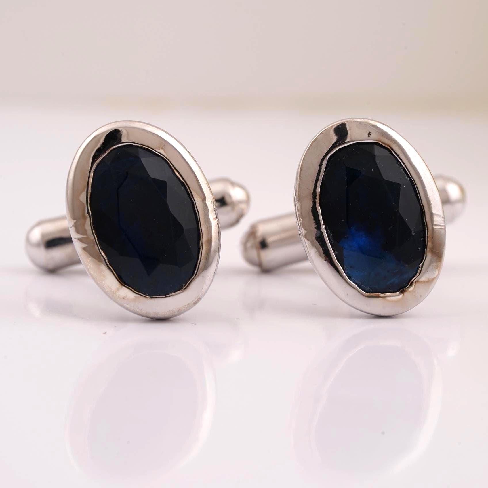 Handmade Blue Sapphire Cufflinks: Oval Cut Sterling Silver Bezel