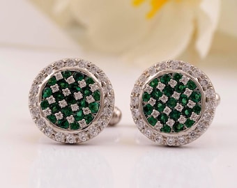 14k White Gold Plated Emerald & Moissanite Cufflinks: Round Cut Gemstone Jewelry