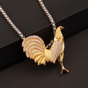 Rooster Pendant, 14k Gold plated pendant, Handmade Round Diamond Hip Hop pendant, Sterling silver Hip Hop pendant, Personalize Pendant Gift