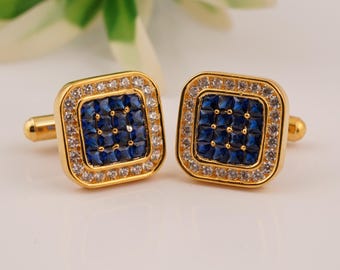 Blue Sapphire Diamond Cufflinks: 14k Yellow Gold Plated Sterling Silver